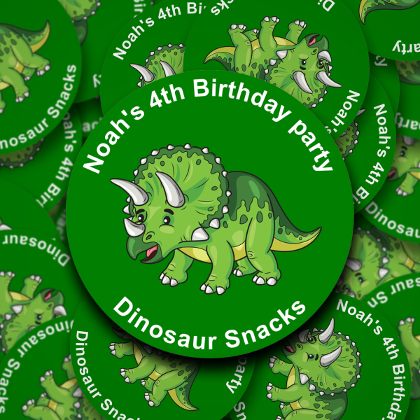Triceratops Dinosaur birthday party stickers add your custom text